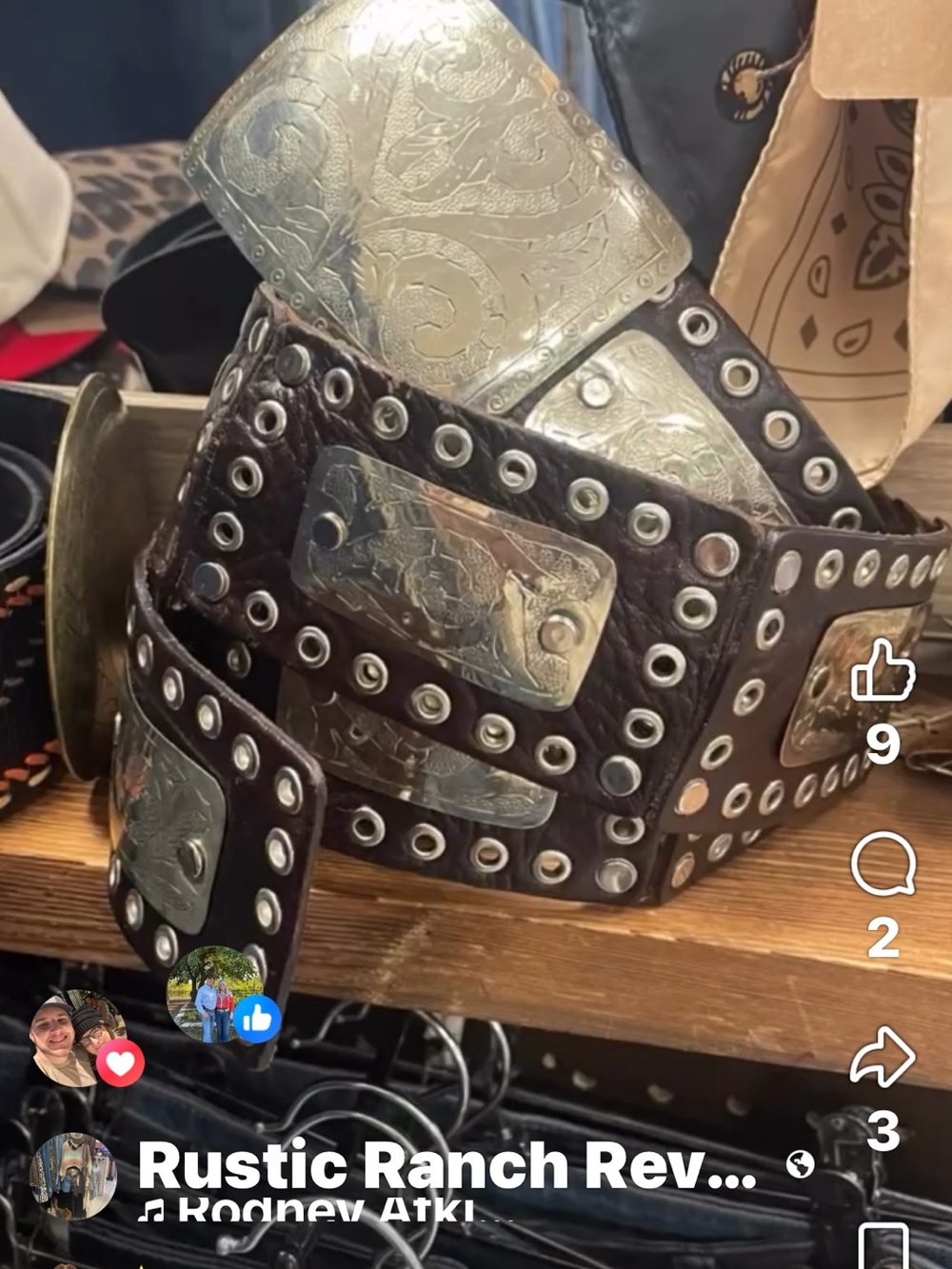 Western-Style Studded Leather Belt with Silver Plates - Dark Brown